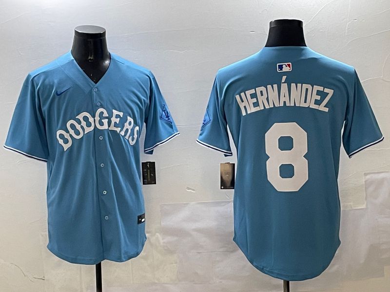 Men Los Angeles Dodgers 8 Hernandez Light Blue Throwback Game 2025 Nike MLB Jersey style 1